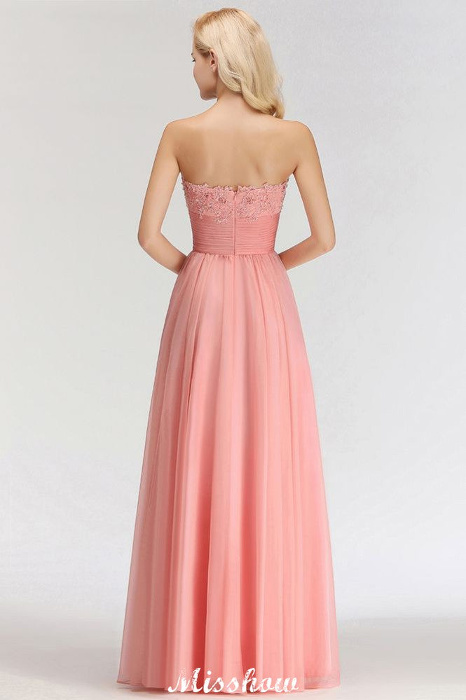 Vestidos de dama de honor elegantes, corte en A, con apliques y volantes de gasa, escote corazón y corte en A.