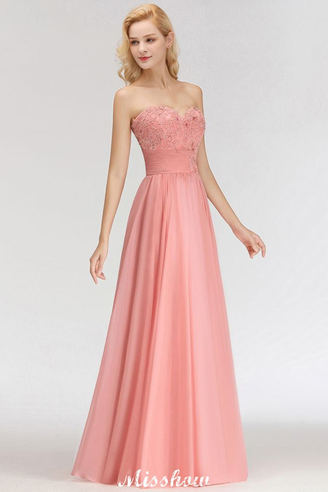 Vestidos de dama de honor elegantes, corte en A, con apliques y volantes de gasa, escote corazón y corte en A.