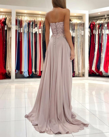 Elegant Sweetheart Appliques A-Line Ruffles Floor-length Prom Dress With Side Slit