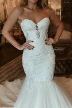 Robe de mariée longue sirène élégante en dentelle avec perles WD356