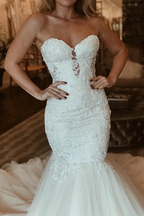 Robe de mariée longue sirène élégante en dentelle avec perles WD356