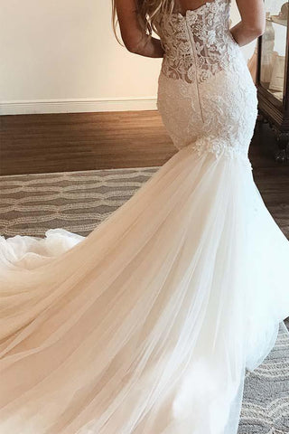 Robe de mariée longue sirène élégante en dentelle avec perles WD356