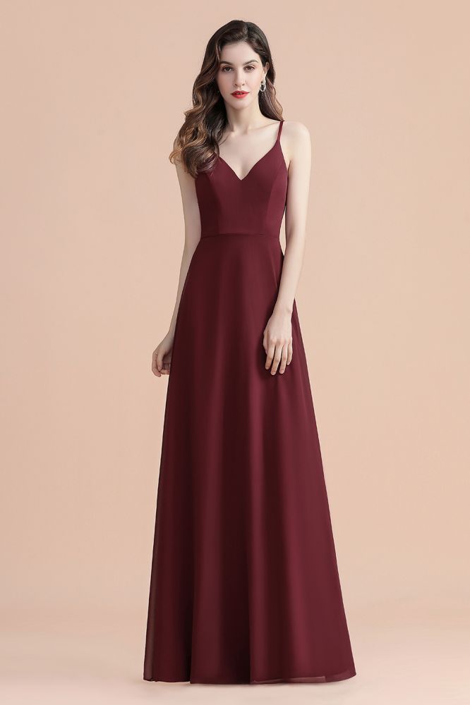 Elegante vestido de dama de honor de gasa con escote en V, corte A, sin mangas, para baile de graduación o fiesta.