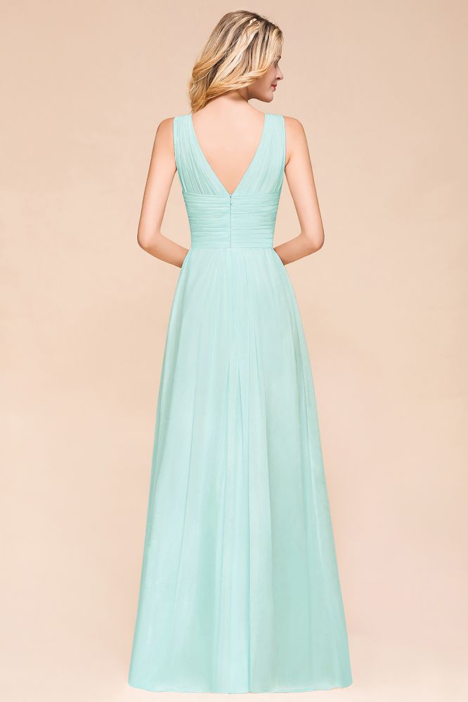 Elegante vestido de dama de honor de gasa con escote en V, corte A, estilo maxi para bodas y fiestas.