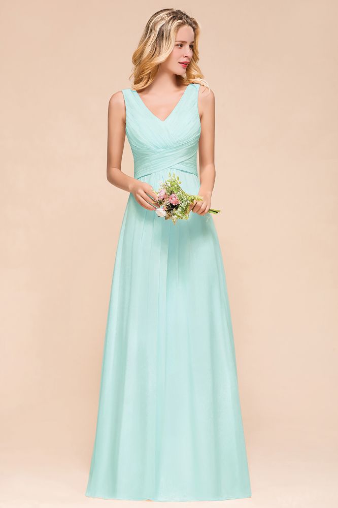 Elegante vestido de dama de honor de gasa con escote en V, corte A, estilo maxi para bodas y fiestas.