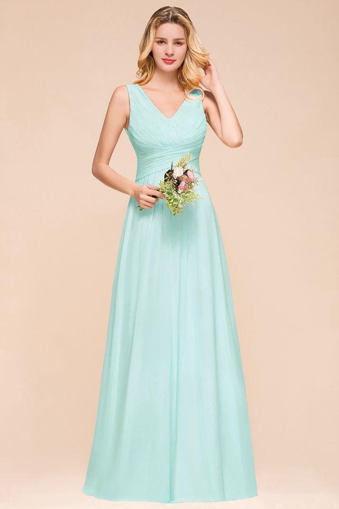 Elegante vestido de dama de honor de gasa con escote en V, corte A, estilo maxi para bodas y fiestas.
