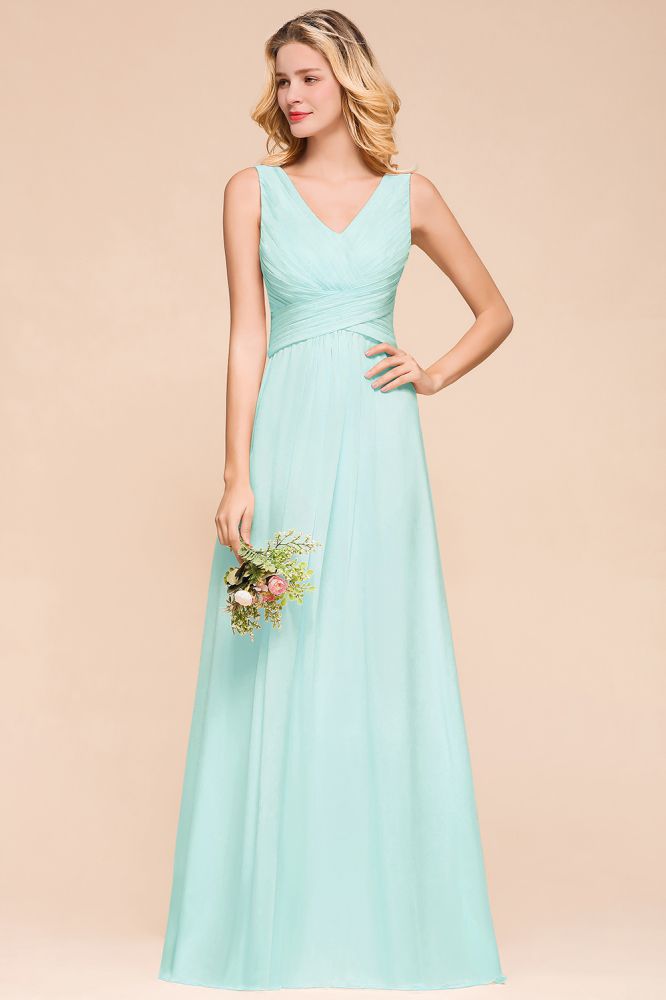 Elegante vestido de dama de honor de gasa con escote en V, corte A, estilo maxi para bodas y fiestas.