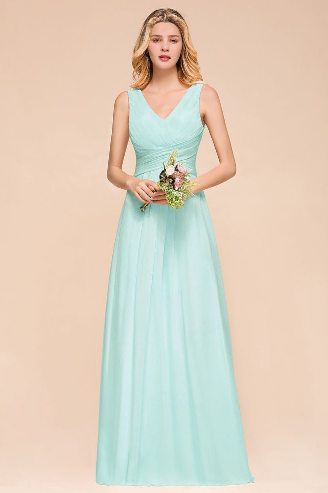 Elegante vestido de dama de honor de gasa con escote en V, corte A, estilo maxi para bodas y fiestas.