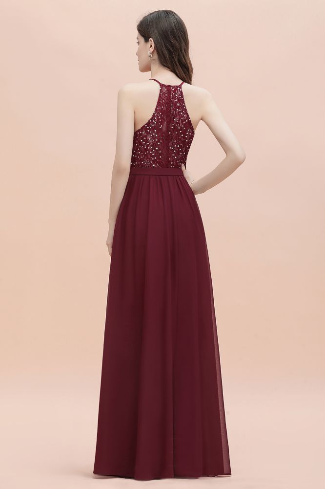 Robe de demoiselle d'honneur élégante en mousseline à col en V, dos nu, coupe trapèze, ornée de sequins