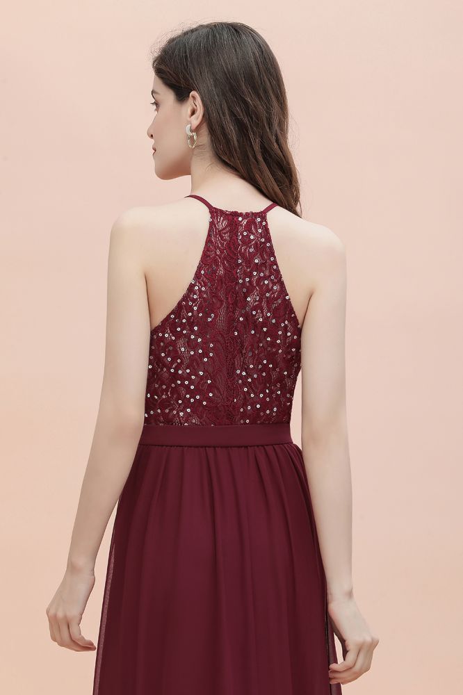 Robe de demoiselle d'honneur élégante en mousseline à col en V, dos nu, coupe trapèze, ornée de sequins