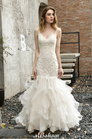 Elegant V-Neck Mermaid Bridal Gown Tulle Lace Appliques Puffy Wedding Dress
