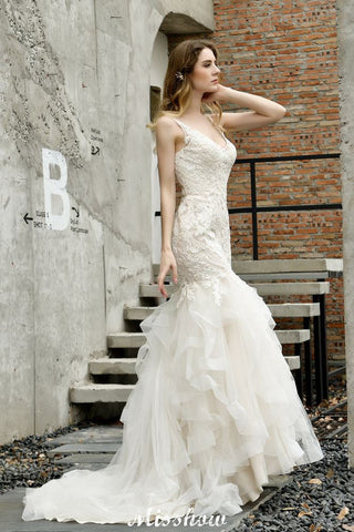 Elegant V-Neck Mermaid Bridal Gown Tulle Lace Appliques Puffy Wedding Dress