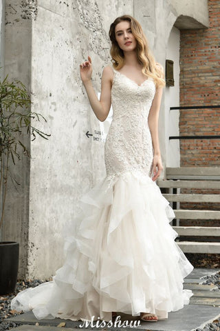 Elegant V-Neck Mermaid Bridal Gown Tulle Lace Appliques Puffy Wedding Dress