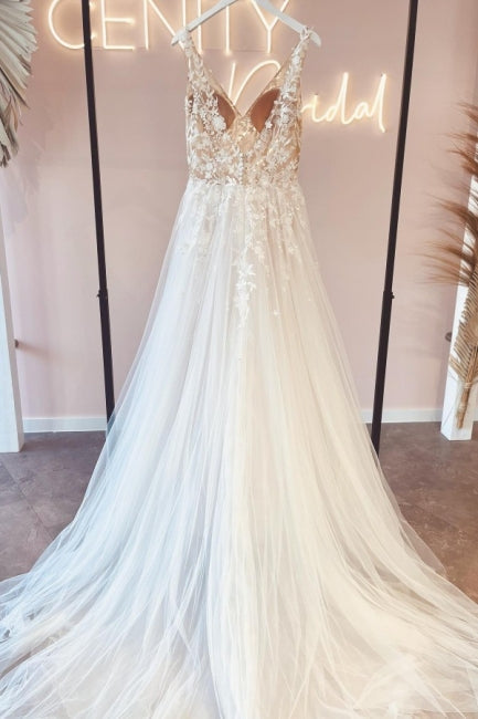 Vestidos de novia elegantes con escote en V, sin mangas, corte en A y espalda descubierta, de encaje.