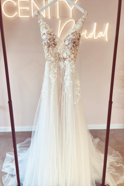 Vestidos de novia elegantes con escote en V, sin mangas, corte en A y espalda descubierta, de encaje.