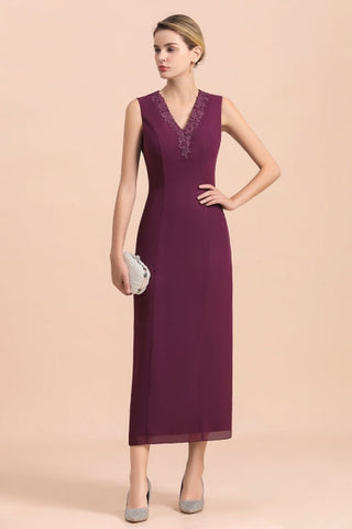 Elegant V-Neck SLeeveless Apppliques Grape Mother of Bride Dress with Wraps