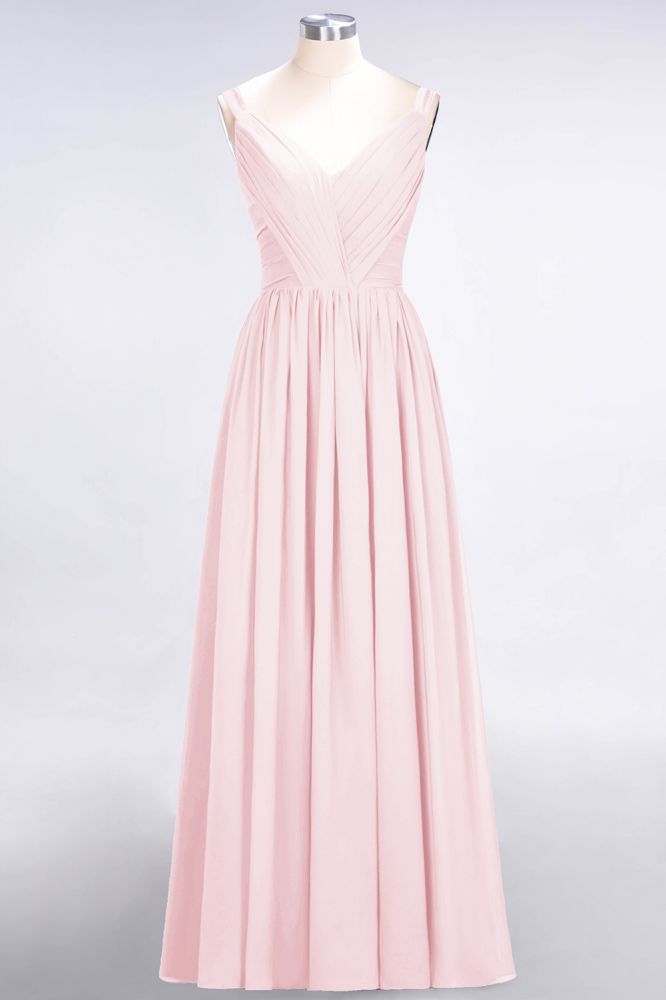 Elegante vestido de dama de honor largo hasta el suelo, con escote en V, tirantes, espalda descubierta, volantes y confeccionado en gasa.