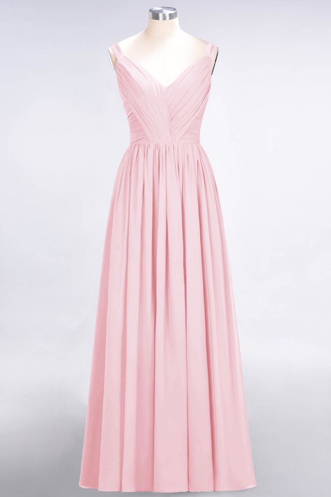 Elegante vestido de dama de honor largo hasta el suelo, con escote en V, tirantes, espalda descubierta, volantes y confeccionado en gasa.