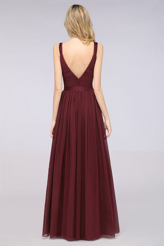 Elegant V-Neck Strap Backless Ruffles Chiffon Floor-Length Bridesmaid Dress