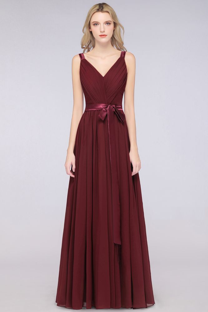 Elegante vestido de dama de honor largo hasta el suelo, con escote en V, tirantes, espalda descubierta, volantes y confeccionado en gasa.