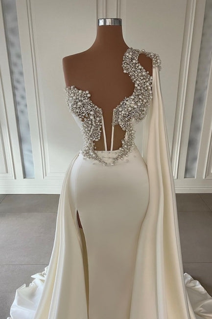Élégantes robes de soirée blanches trapèze asymétriques à une épaule, robes de bal longues à paillettes avec fente