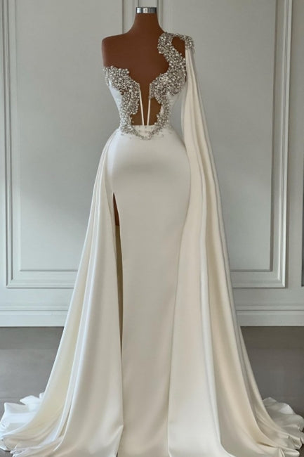 Élégantes robes de soirée blanches trapèze asymétriques à une épaule, robes de bal longues à paillettes avec fente