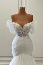 Élégantes robes de mariée blanches longues sirène en tulle et dentelle, épaules dénudées