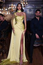 Elegante vestido de sirena amarillo de un solo hombro, manga larga y abertura para baile de graduación.