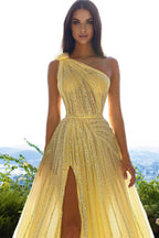 Robe de bal trapèze jaune élégante à une épaule et paillettes avec fente