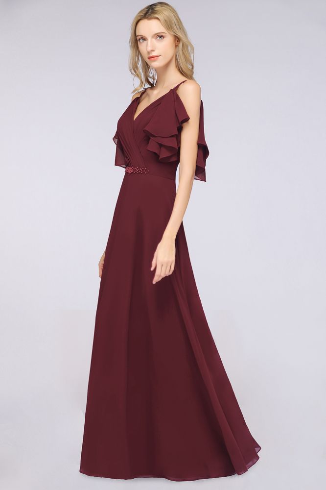 Vestido de dama de honor largo hasta el suelo de gasa con volantes elegantes, vestido de fiesta de boda sin mangas Aline Pearls