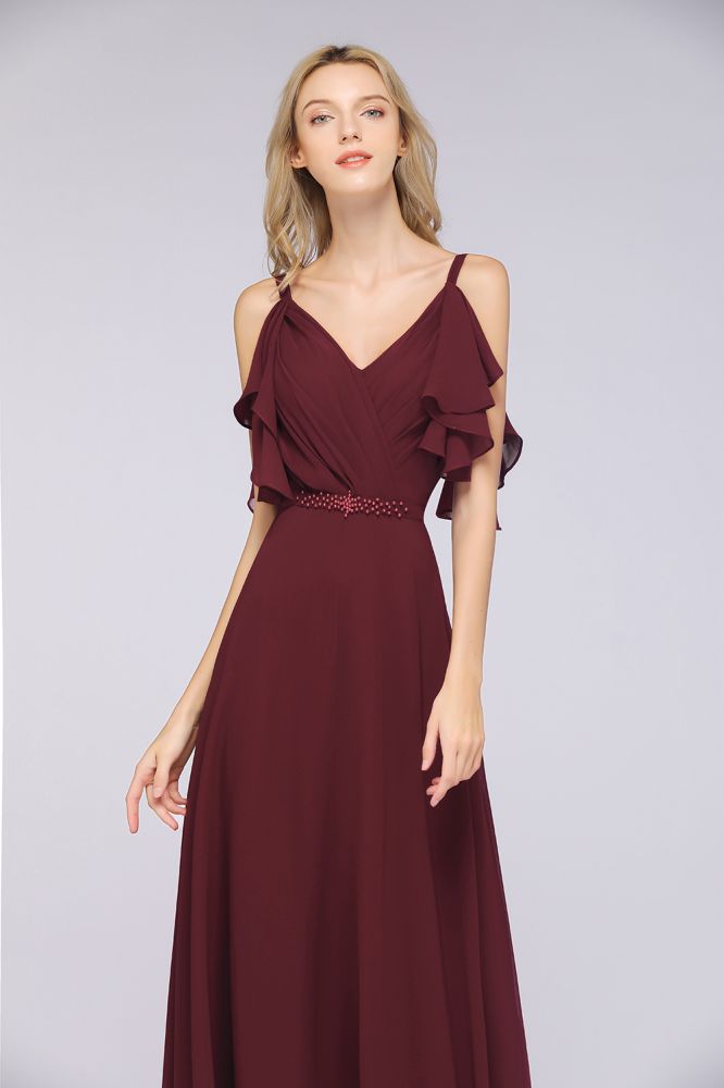 Vestido de dama de honor largo hasta el suelo de gasa con volantes elegantes, vestido de fiesta de boda sin mangas Aline Pearls