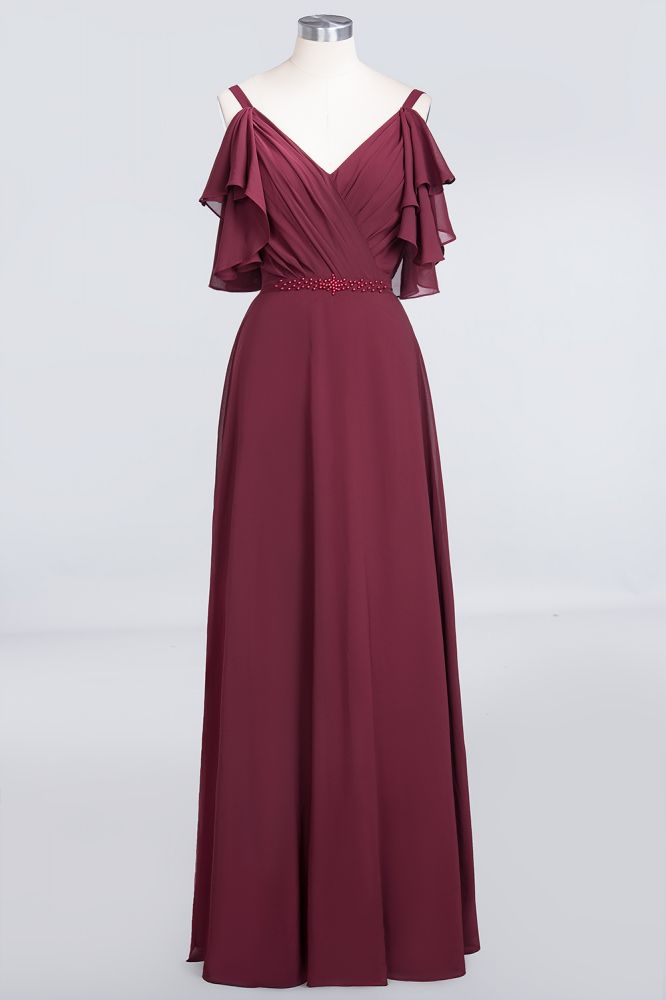 Robe de demoiselle d'honneur élégante en mousseline à volants, longue jusqu'au sol, coupe trapèze, ornée de perles et sans manches.
