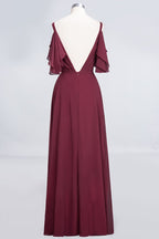 Robe de demoiselle d'honneur élégante en mousseline à volants, longue jusqu'au sol, coupe trapèze, ornée de perles et sans manches.