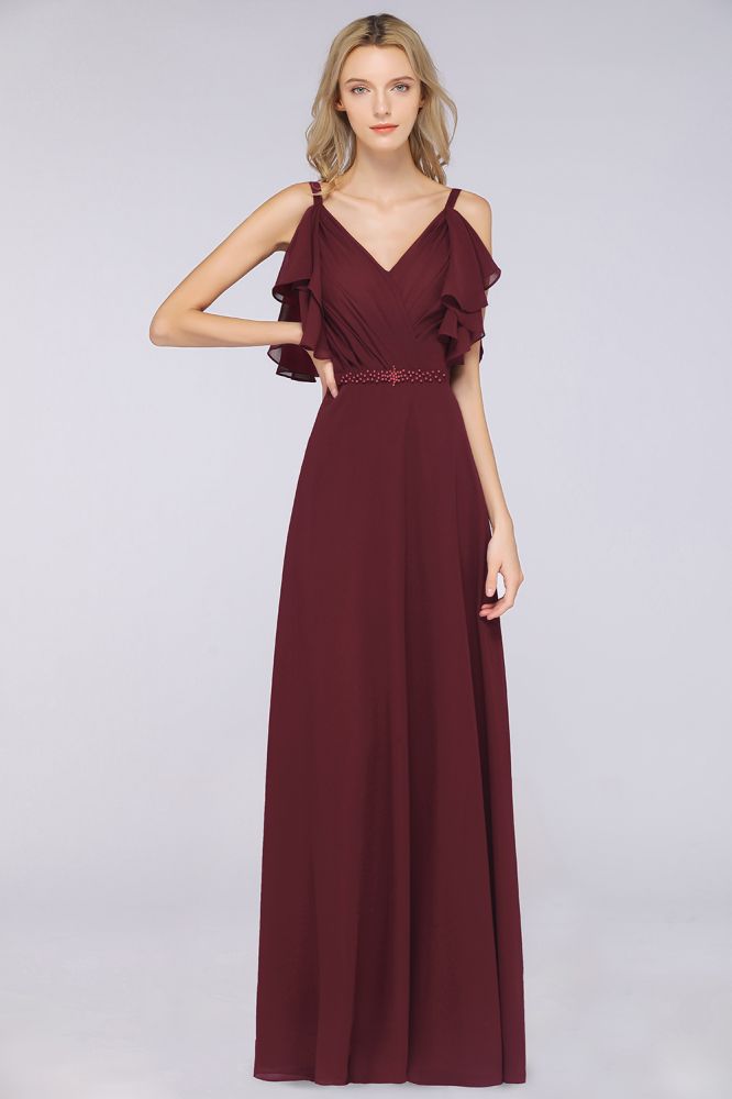 Vestido de dama de honor largo hasta el suelo de gasa con volantes elegantes, vestido de fiesta de boda sin mangas Aline Pearls