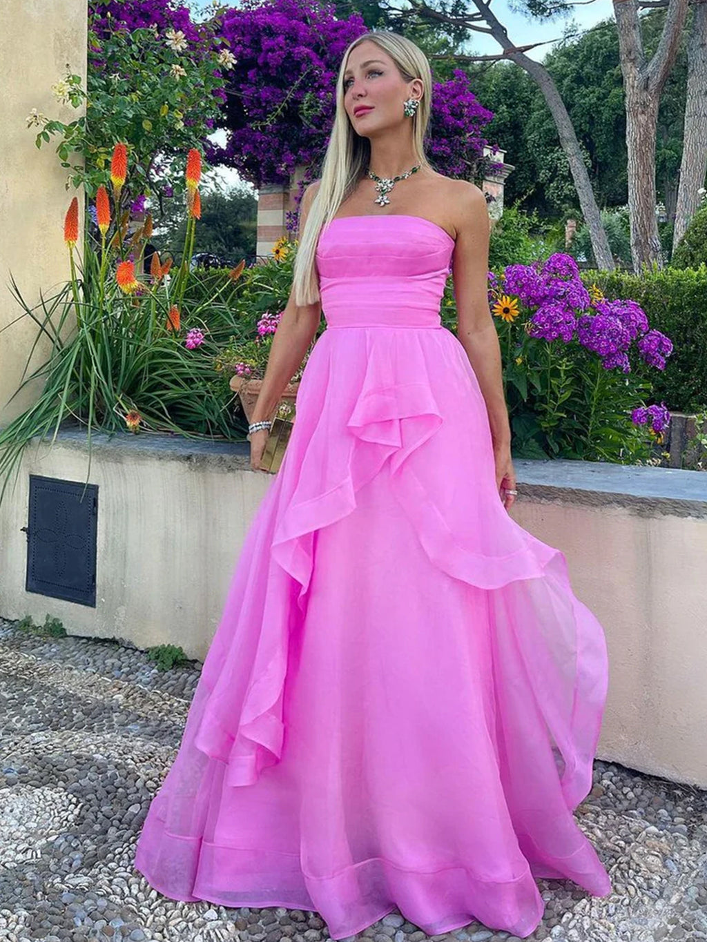 Elisa | Robe de bal bustier en organza rose pâle coupe A