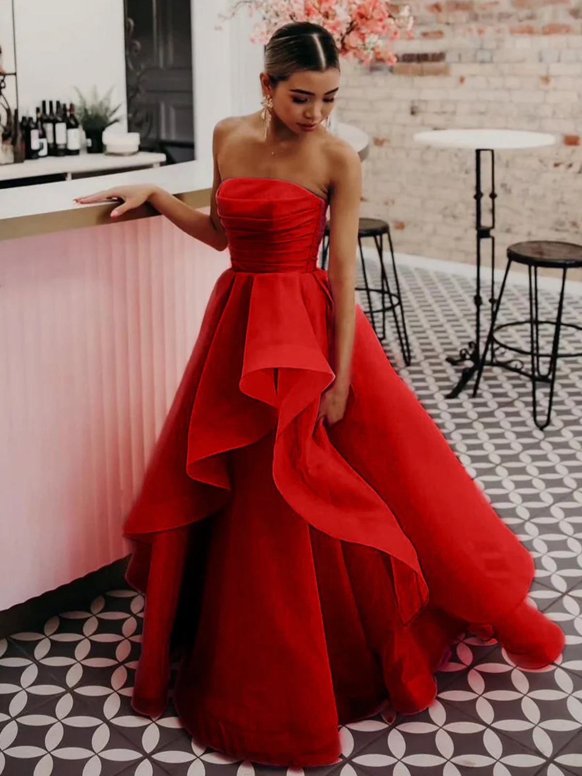 Elisa | Robe de bal bustier en organza rose pâle coupe A