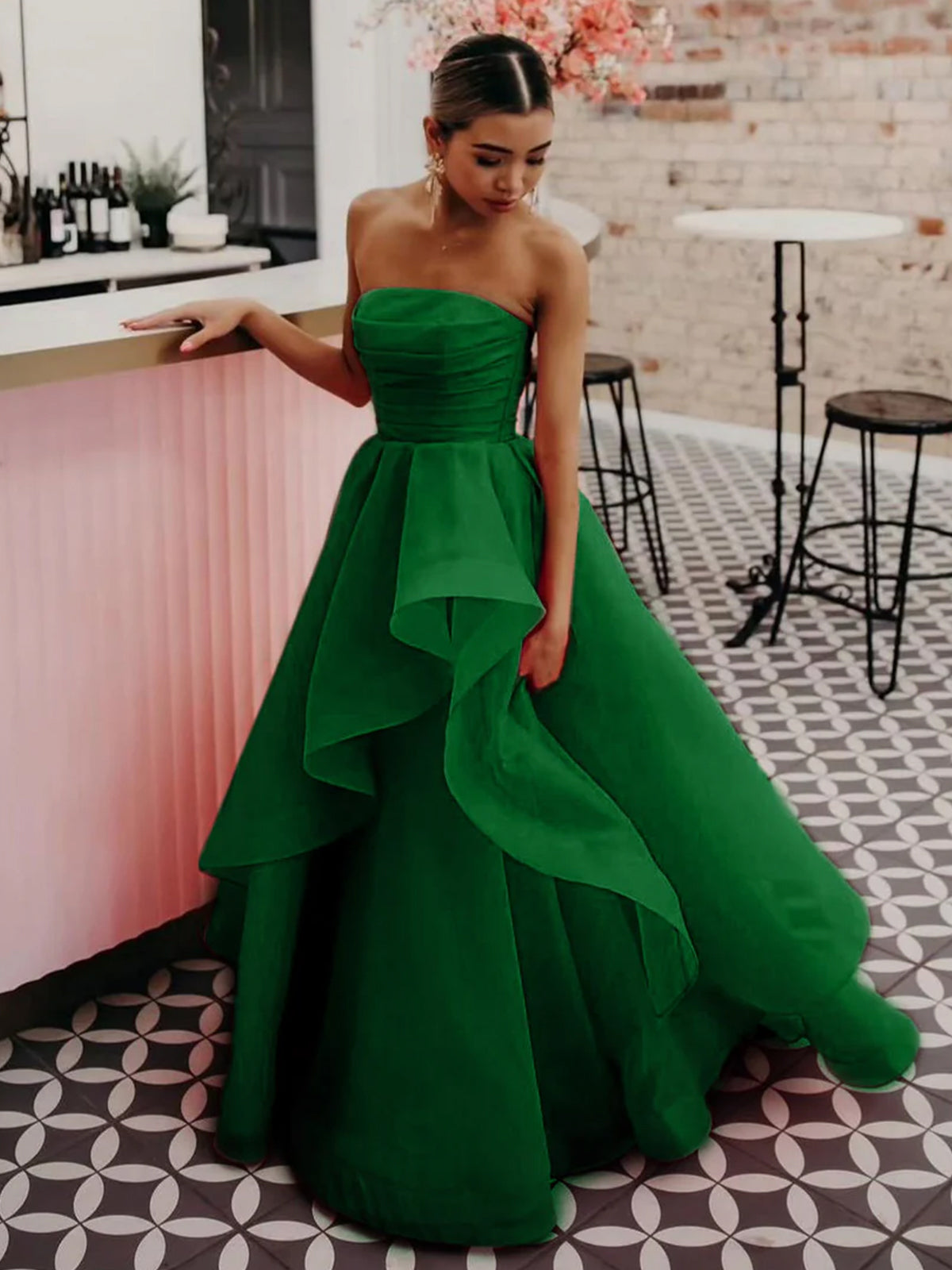 Elisa | Robe de bal bustier en organza rose pâle coupe A