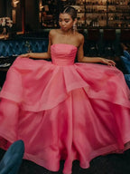 Elisa | Robe de bal bustier en organza rose pâle coupe A