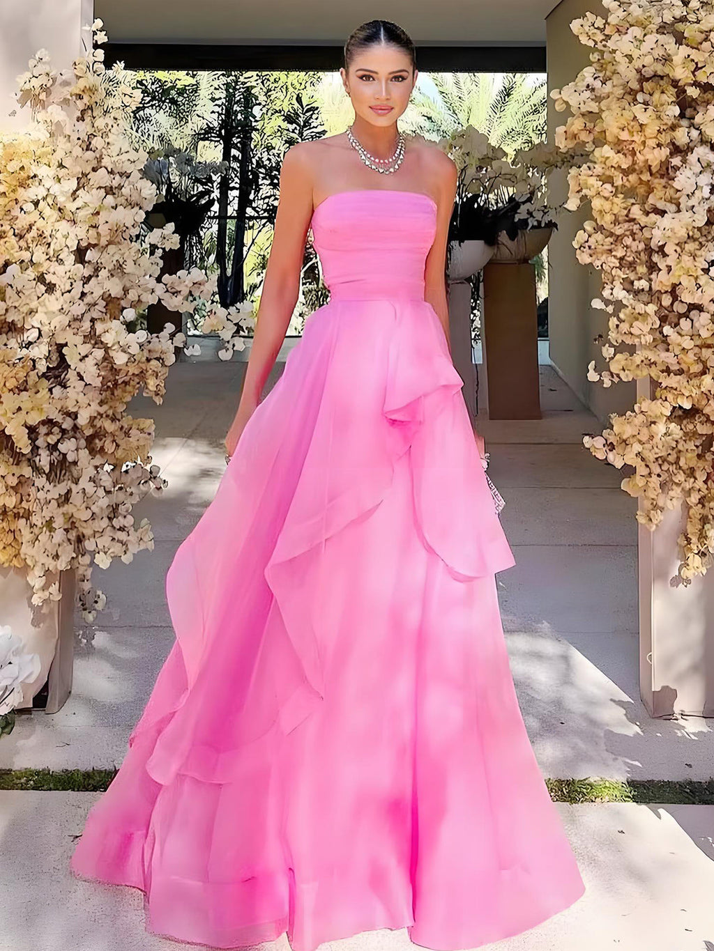 Elisa | Robe de bal bustier en organza rose pâle coupe A