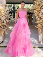 Elisa | Robe de bal bustier en organza rose pâle coupe A