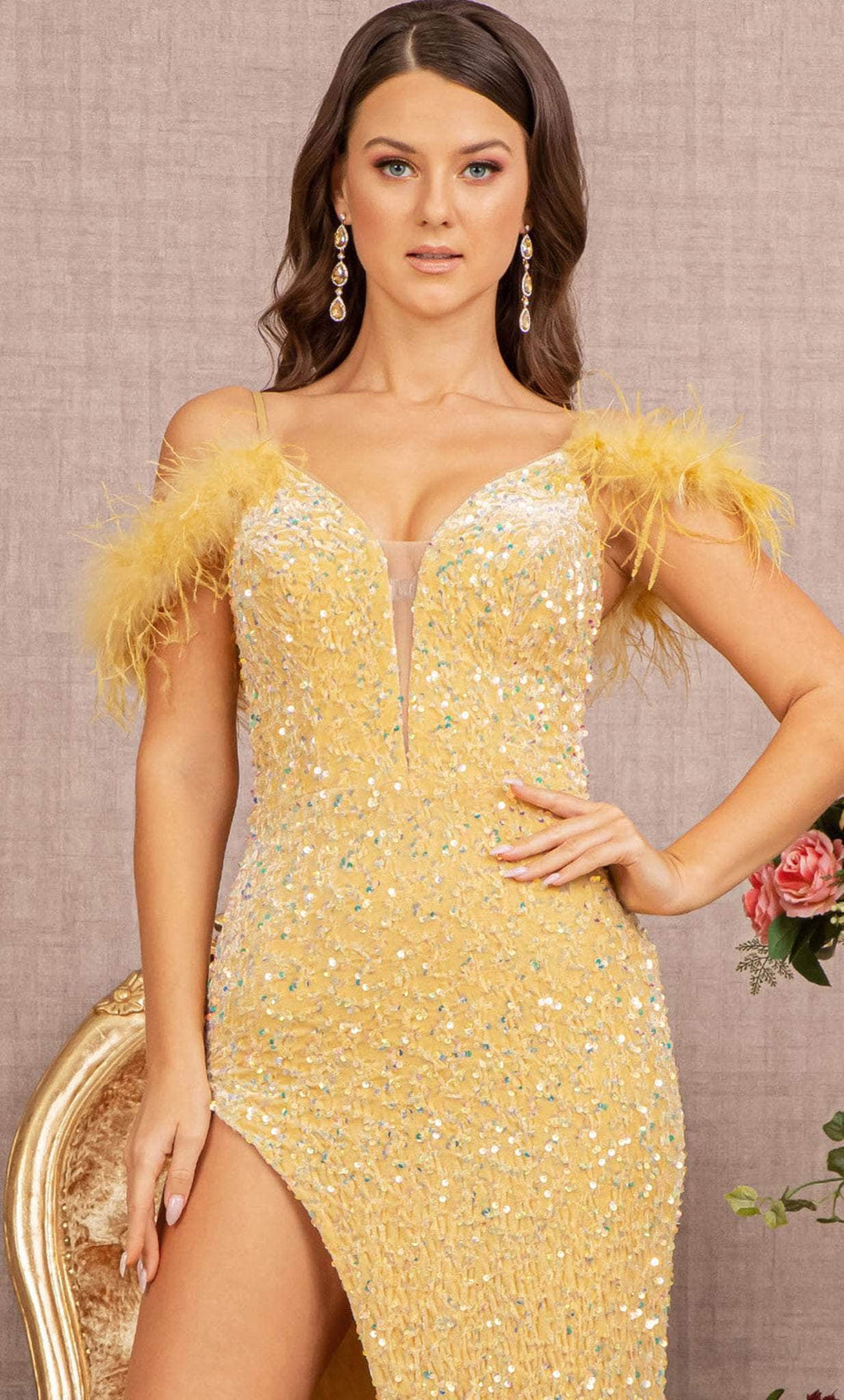Feather Ornate Sequin Prom Dress