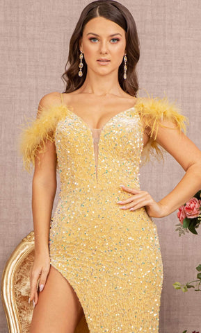 Vestido de graduación con lentejuelas y plumas