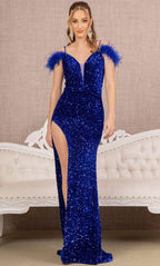 Feather Ornate Sequin Prom Dress
