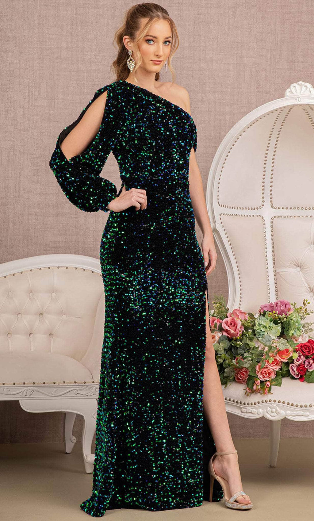 Bishop Sleeve Sequin Evening Dress