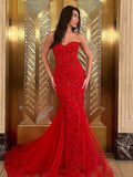 Ellorie | Vestidos largos de fiesta de encaje rojo con escote corazón estilo sirena
