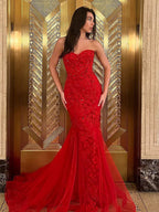 Ellorie | Vestidos largos de fiesta de encaje rojo con escote corazón estilo sirena