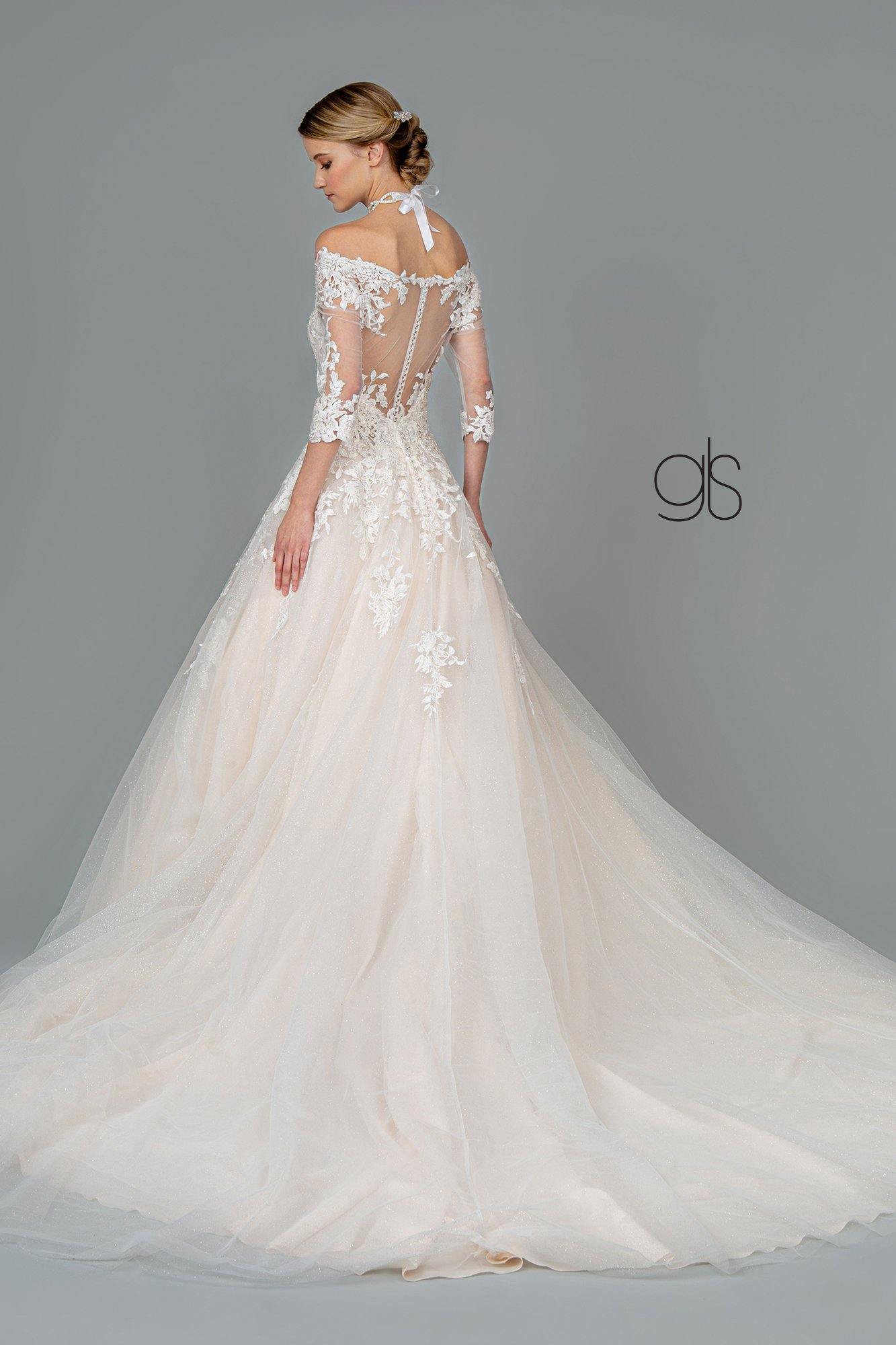 Robe longue de mariée à col en V en tulle pailleté brodé