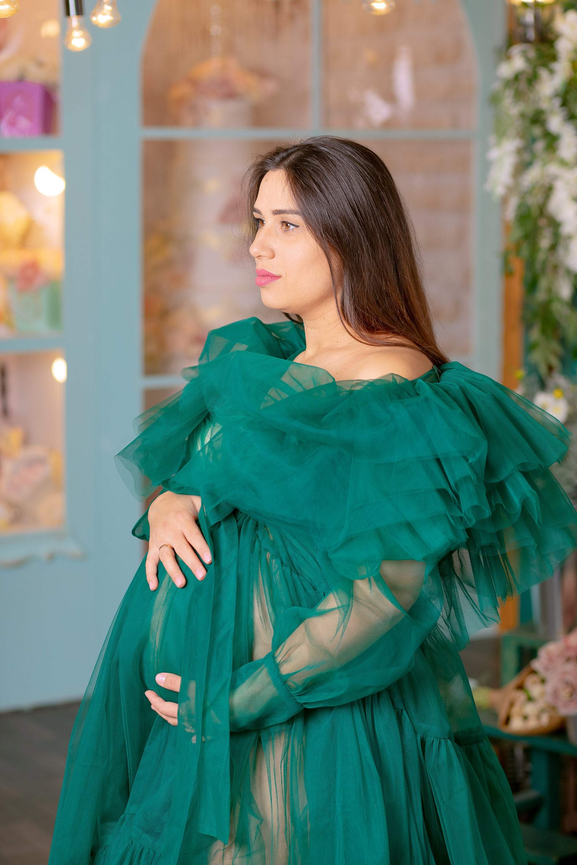 Bata de tul verde esmeralda para sesión de fotos premamá VMR26