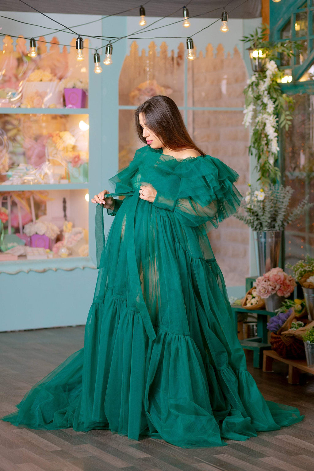 Bata de tul verde esmeralda para sesión de fotos premamá VMR26