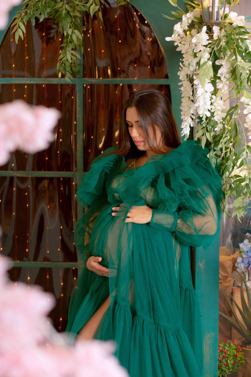 Bata de tul verde esmeralda para sesión de fotos premamá VMR26